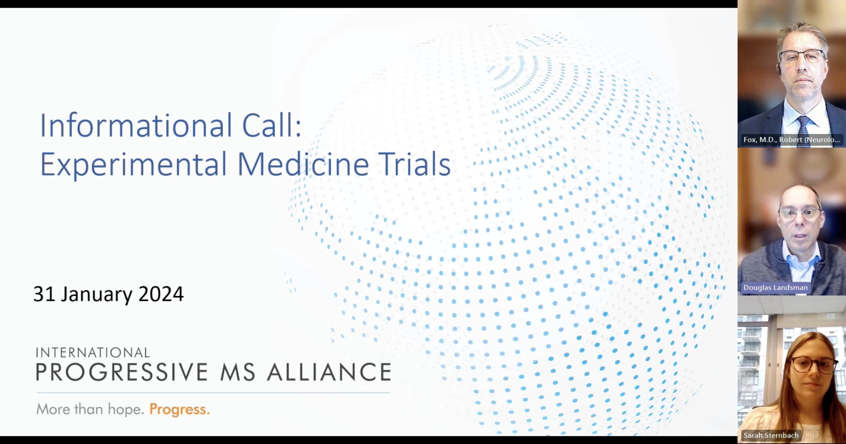 Video still of RFP information session on innovative Experimental Medicine Trials recorded January 31, 2024.